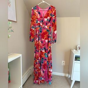 En Crème Magenta Floral Print Long Sleeve Maxi Dress
